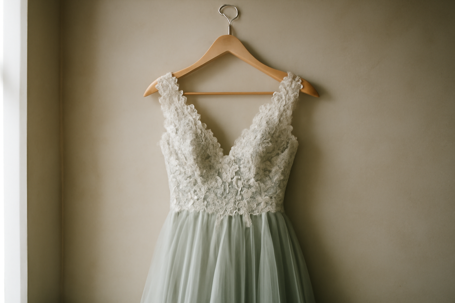 Gaun pengantin berwarna sage green digantung di dinding studio dengan cahaya alami